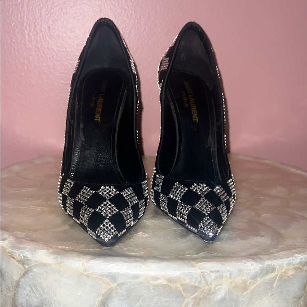 Saint Laurent Paris Embellished Pointed-Toe Pumps – Black Crystal Heels